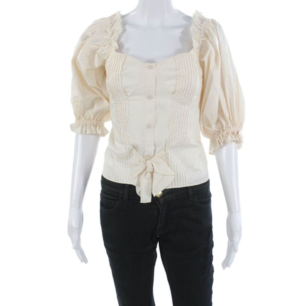 Johanna Ortiz Womens Beige Square Neck Button Up Blouse Size 8